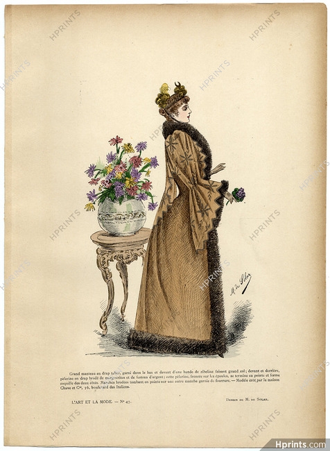 L'Art et la Mode 1890 N°47 Marie de Solar, hand colored fashion plate, Coat from Chave et Cie