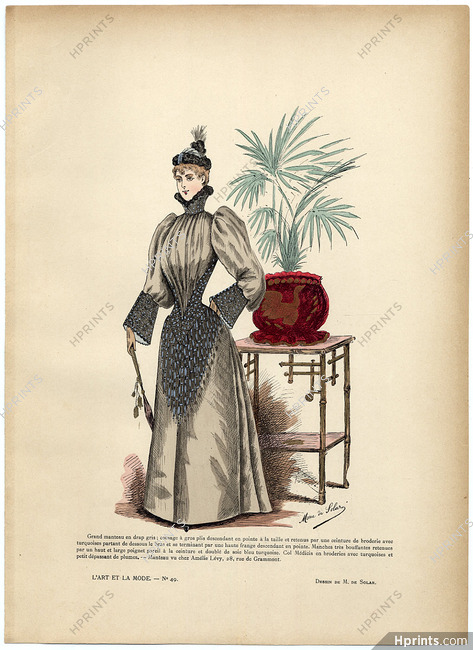 L'Art et la Mode 1890 N°49 Marie de Solar, colored fashion lithograph, Coat from Amélie Lévy