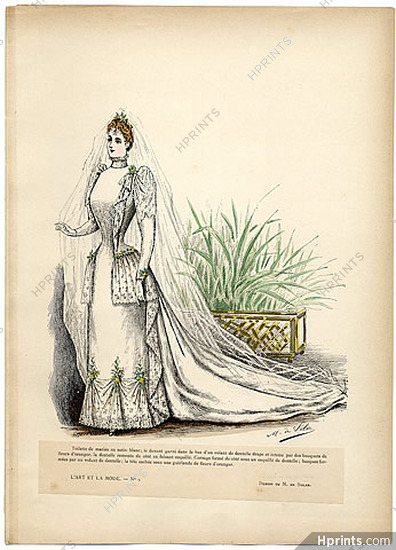 L'Art et la Mode 1891 N°04 Marie de Solar, hand colored fashion plate, Wedding Dress