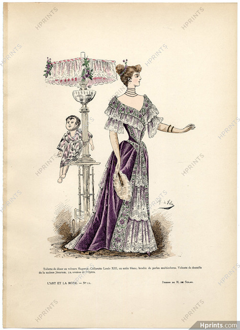 L'Art et la Mode 1891 N°12 Marie de Solar, colored fashion lithograph, Dinner Dress, Jésurum