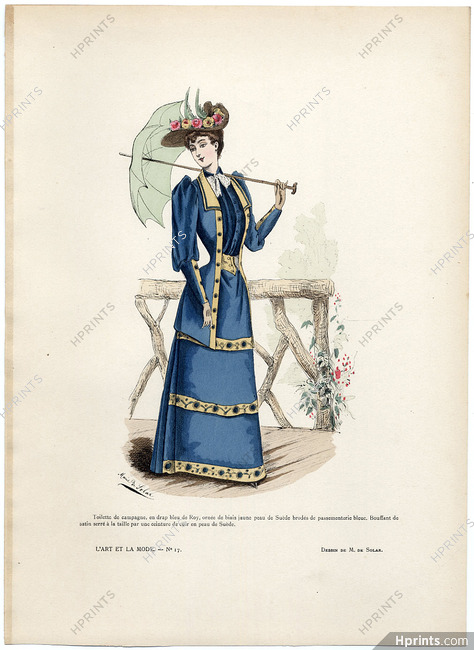 L'Art et la Mode 1891 N°17 Marie de Solar, colored fashion lithograph, Country dress