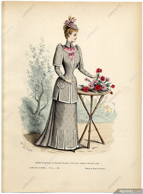 L'Art et la Mode 1891 N°24 Marie de Solar, colored fashion lithograph, Country suit