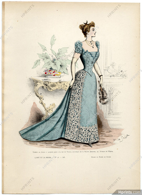 L'Art et la Mode 1891 N°36 Marie de Solar, hand colored fashion plate, Jésurem
