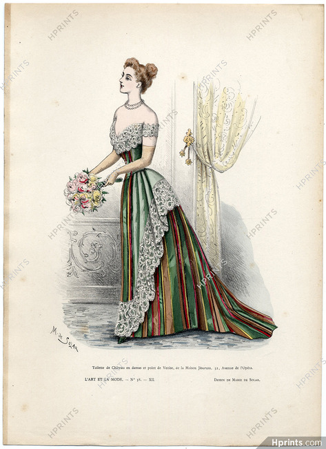 L'Art et la Mode 1891 N°38 Marie de Solar, colored fashion lithograph, Castle Dress
