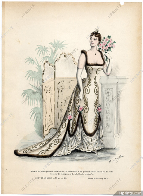 L'Art et la Mode 1891 N°51 Marie de Solar, hand colored fashion plate, Ball Gown