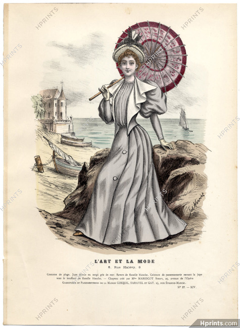 L'Art et la Mode 1893 N°27 Jules Hanriot, colored fashion lithograph, Lady Parasol, Beachwear