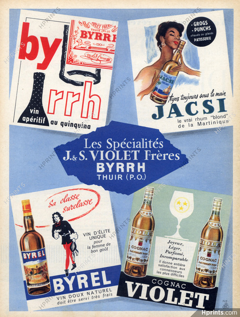 Violet Frères (Brandy) 1958 Byrrh, Jacsi Rhum, Byrel