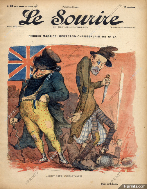 Eugène Cadel 1900 Rhodes Macaire, Bertrand Chamberlain Caricature