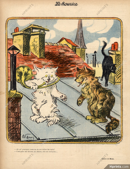 Jacques Nam 1906 "Sur les toits de Paris" The Cat Player of hunting Horn