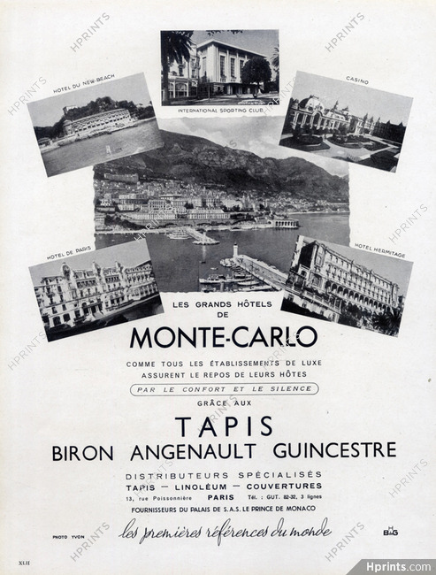 Monte Carlo 1947 Les Grands Hotels, Tapis Biron Angenault Guincestre
