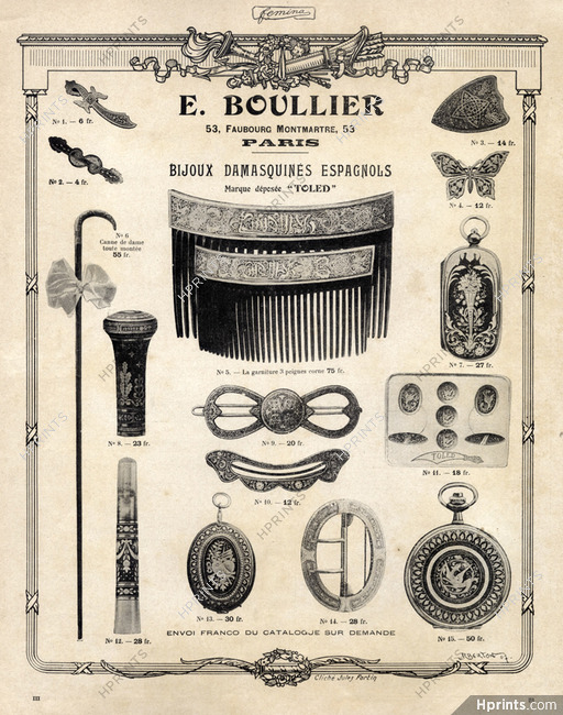E. Boullier 1907 Bijoux Damasquinés Espagnols Toled, Comb, Buckles..