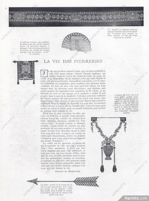 La Vie des Pierreries, 1919 - Cartier (Jewels) Exposition, Diamond Bracelet, Pendant, Clip Flèche, Texte par Francis de Miomandre