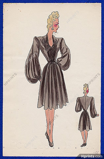 Robert Piguet 1943 Dress long sleeves