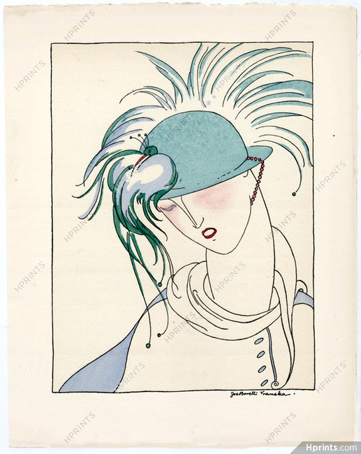 Borelli-Vranska 1914 Pochoir Plate, In the Shade of the Bird, Hat Feathers