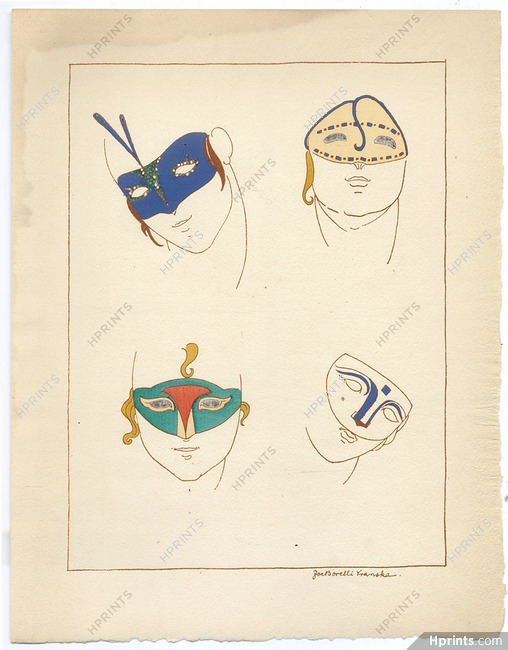 Borelli-Vranska 1914 Pochoir Plate, Carnival Masks