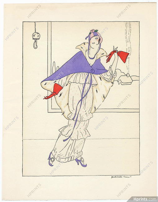 Borelli-Vranska 1914 Pochoir Plate, Evening Gown, Fur Cape, Fashion Illustration