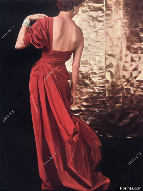 Jeanne Lafaurie 1948 Robe drapée rouge, Evening Gown, Bianchini Férier