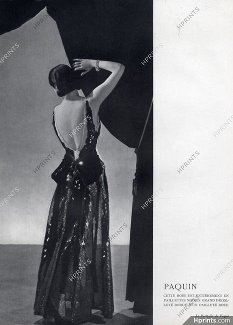 Paquin 1937 backless black embroidery paillettes Evening Gown