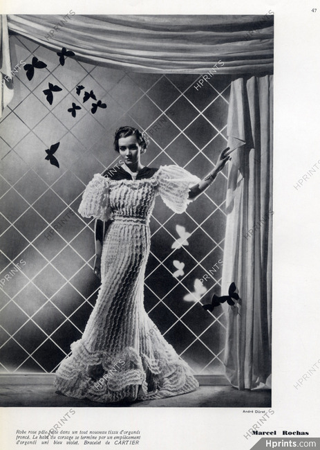 Marcel Rochas 1935 Organdi fronçé, Evening Gown, Bracelet Cartier