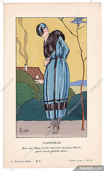 Fried 1919 Blue Dress, Galalithe Buckle, Pochoir