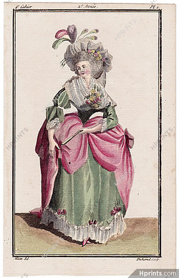 Magasin des Modes Nouvelles Françoises et Angloises 1786 cahier n°4, plate n°1, Mitan, Court Dress