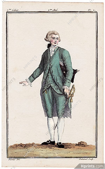 Magasin des Modes Nouvelles Françoises et Angloises 1787 cahier n°7, plate n°2, Desrais, Man