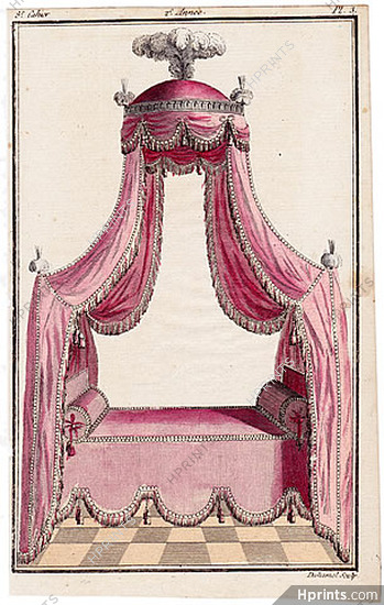 Magasin des Modes Nouvelles, Françaises et Anglaises 1787 cahier n°8, plate n°3, Polish-style bed