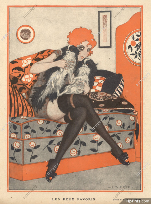 Lorenzi 1918 "Les Deux Favoris" Sexy Girl, Pekingese Dogs