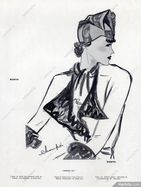 Worth 1934 Toque Astrakan, Schompré, Fashion Illustration Hat