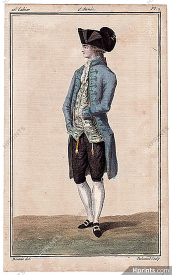 Magasin des Modes Nouvelles Françoises et Angloises 1787 cahier n°11, plate n°2, Desrais, Man