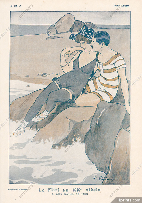 Fabien Fabiano 1911 "Le flirt au XXème siècle" Flirtation, Bathing Beauty, lovers