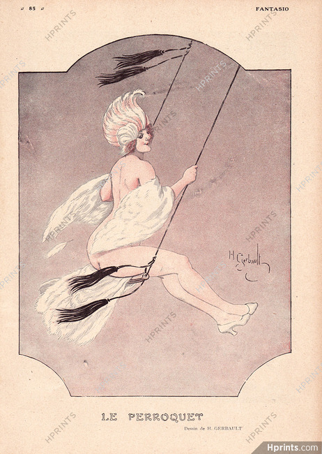 Henry Gerbault 1918 The Parrot, Nude Sexy Girl on a Swing