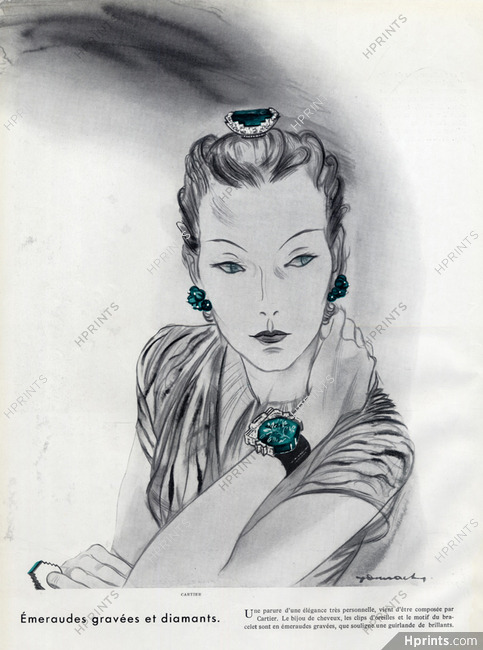 Cartier (Jewels) 1936 Emerald & Diamonds, Bracelet, Hair Clip, Earrings, Art Deco