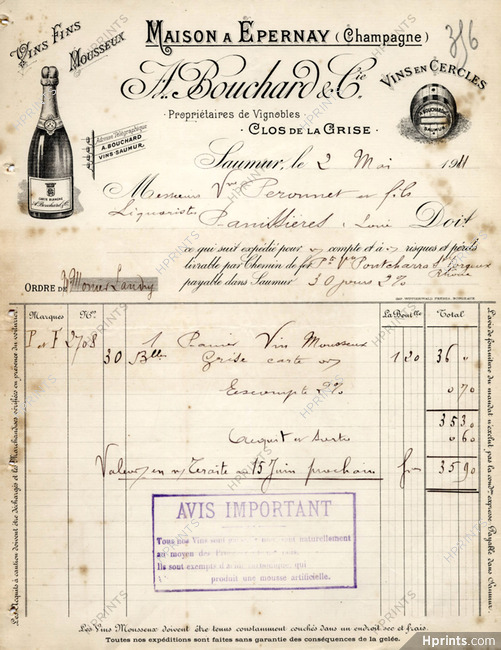 A. Bouchard & Cie 1911 Champain, Clos de la Grise, Epernay, Invoice