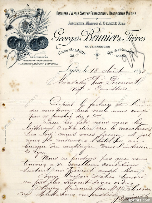 Georges Brunier & Frères 1898 Absinthe, Vermouth, Invoice