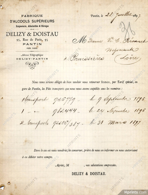 Delizy & Doistau (Invoice) 1897 Absinthe, Liquor