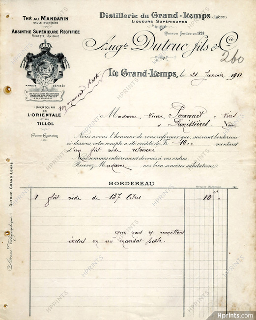 Auguste Dutruc Fils & Cie 1911 Absinthe, Thé au Mandarin... Invoice