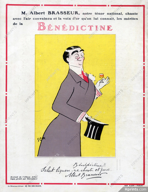 Bénédictine 1909 Sem, Albert Brasseur, Caricature, autograph