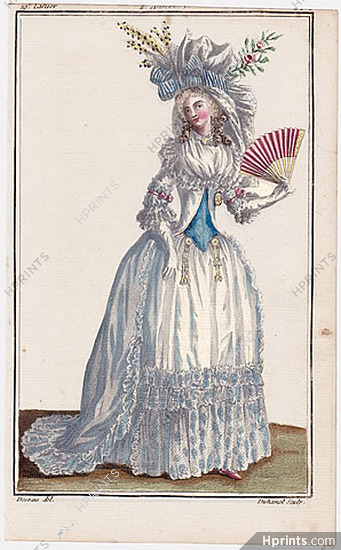 Magasin des Modes Nouvelles 1787 cahier n°19, plate n°1, Claude-Louis Desrais, Dress, Fan