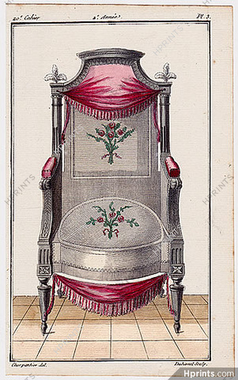Magasin des Modes Nouvelles, Françaises et Anglaises 1787 cahier n°20, plate n°3, Charpantier, Armchair Gobelins