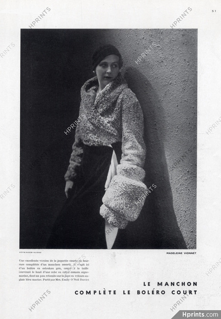 Madeleine Vionnet 1930 Emily O'Neil Davies, Bolero and Muff in fur