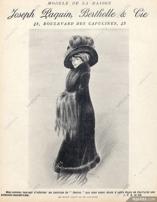Joseph Paquin Bertholle 1909 Fur Coat, Muff, Maurice Millière, Feathers Hat
