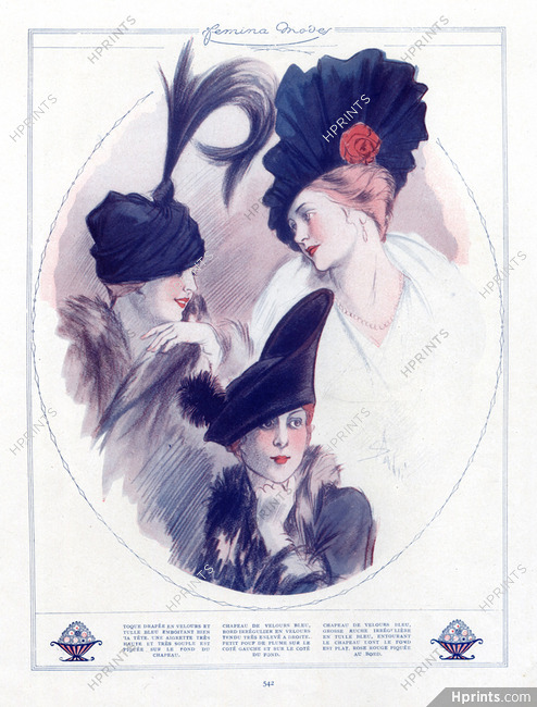 Soulié 1913 Fashion Illustration, Hats, Feathers