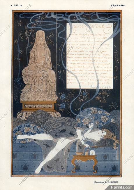 Fumerie, 1915 - George Barbier Opium Den Smoker, Poem, Texte par Maurice Magre