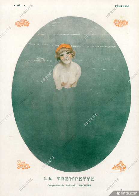 La Trempette, 1912 - Raphaël Kirchner Bathing Beauty, Swimmer, Topless