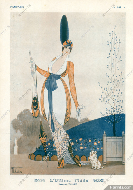 Armand Vallée 1913 Fashion Illustration, Elegant Parisienne, Yorkshire Dog