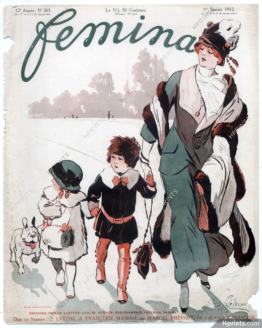 René Préjelan 1912 Femina Cover, French Bulldog, Children, Elegant Parisienne