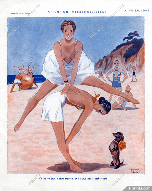 Armand Vallée 1934 Games on the Beach, Leapfrog, Teckel Dog