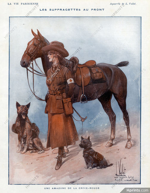 Louis Vallet 1915 "Une Amazone de la Croix Rouge" Rider of the Red Cross, Horse Dog