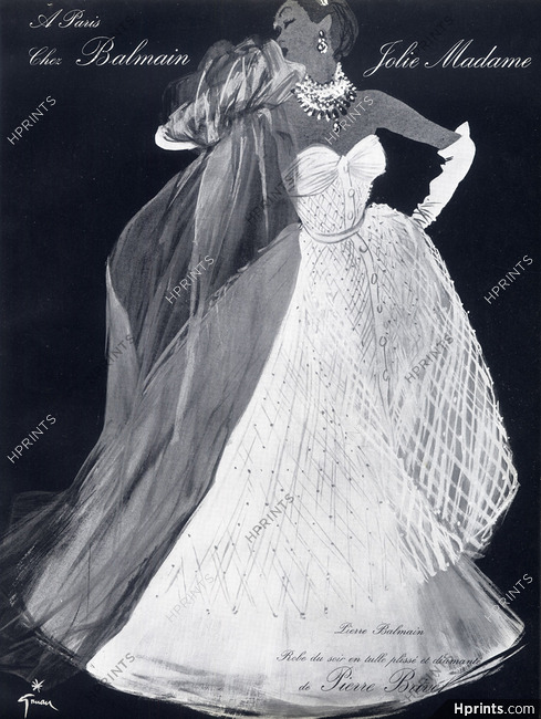 Pierre Balmain 1952 René Gruau, Evening Dress, Tulle Pierre Brivet